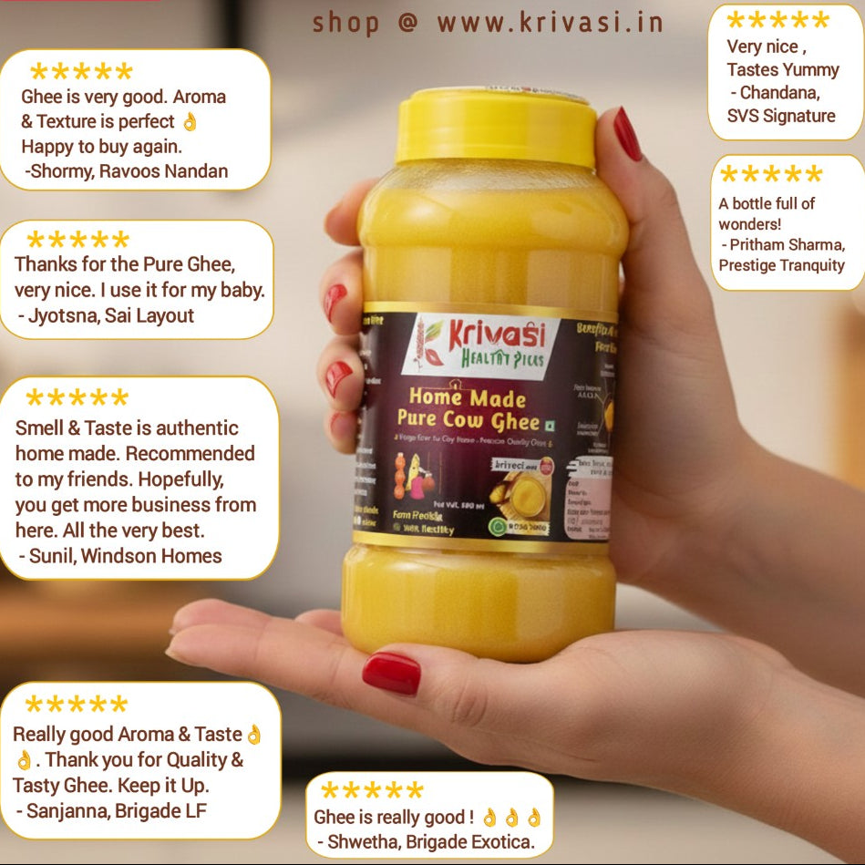 Jar of Krivasi Homemade Pure Cow Ghee held by a hand with customer reviews displayed.