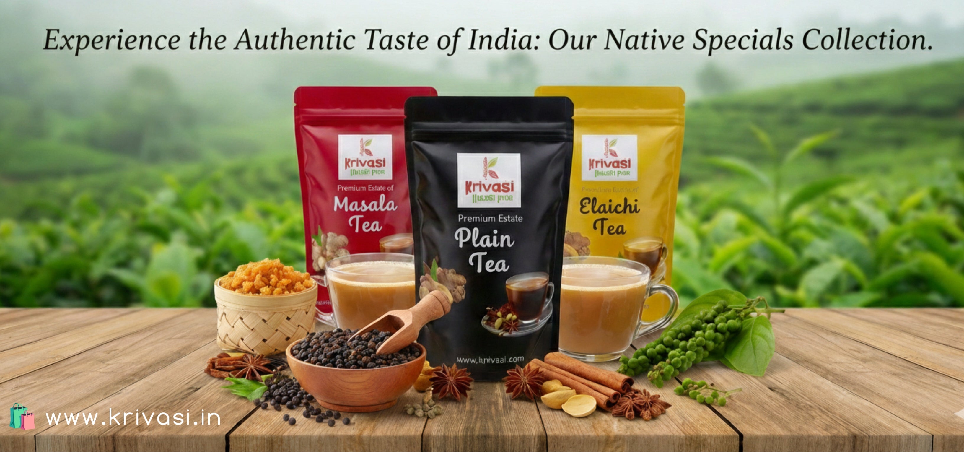 Krivasi tea packages with tea accessories on a wooden table with a tea plantation background.1621243260e1af0c20-2