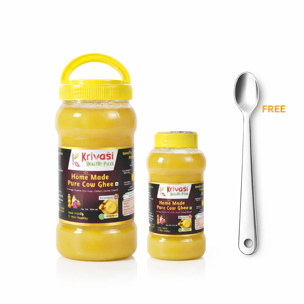 Two jars of Krivasi Home Made BilonaCow Ghee with a spoon on a white background