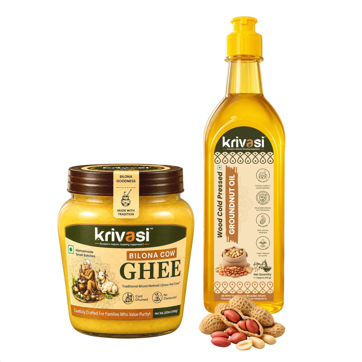 Krivasi Bilona Cow Ghee 500 ml + Wood Cold Pressed Groundnut Oil 1 L | Combo Pack