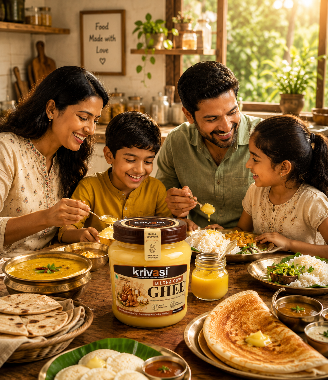 A family of four sharing a warm meal together in a cozy kitchen setting, with a large jar of Krivasi Ghee prominently displayed on the dining table in the foreground.