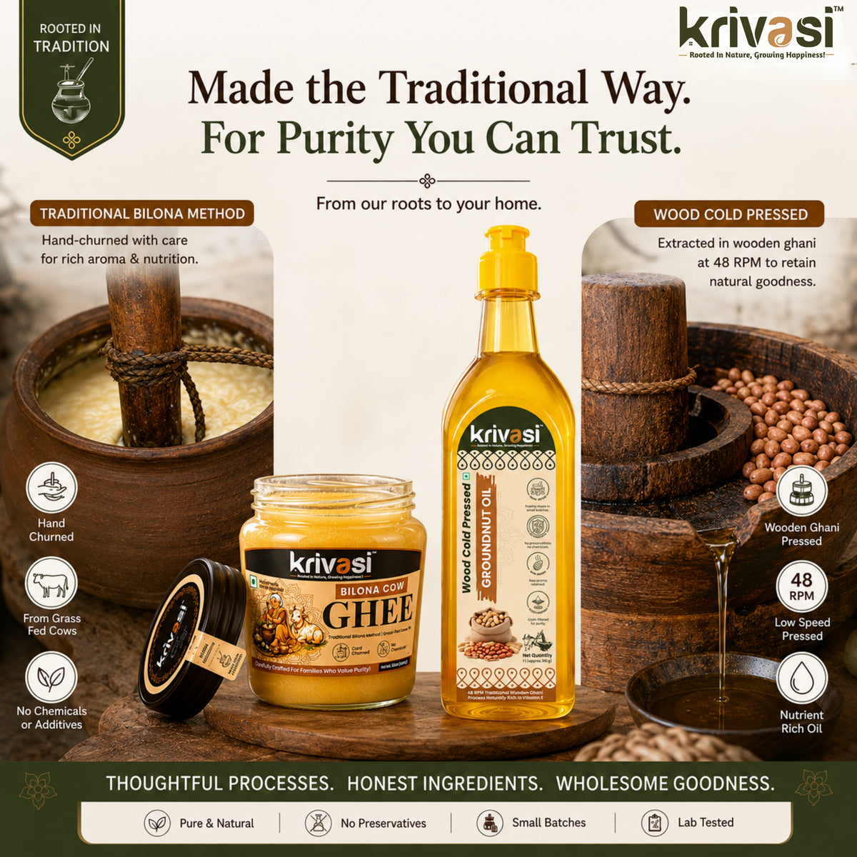 Krivasi Bilona Cow Ghee 500 ml + Wood Cold Pressed Groundnut Oil 1 L | Combo Pack