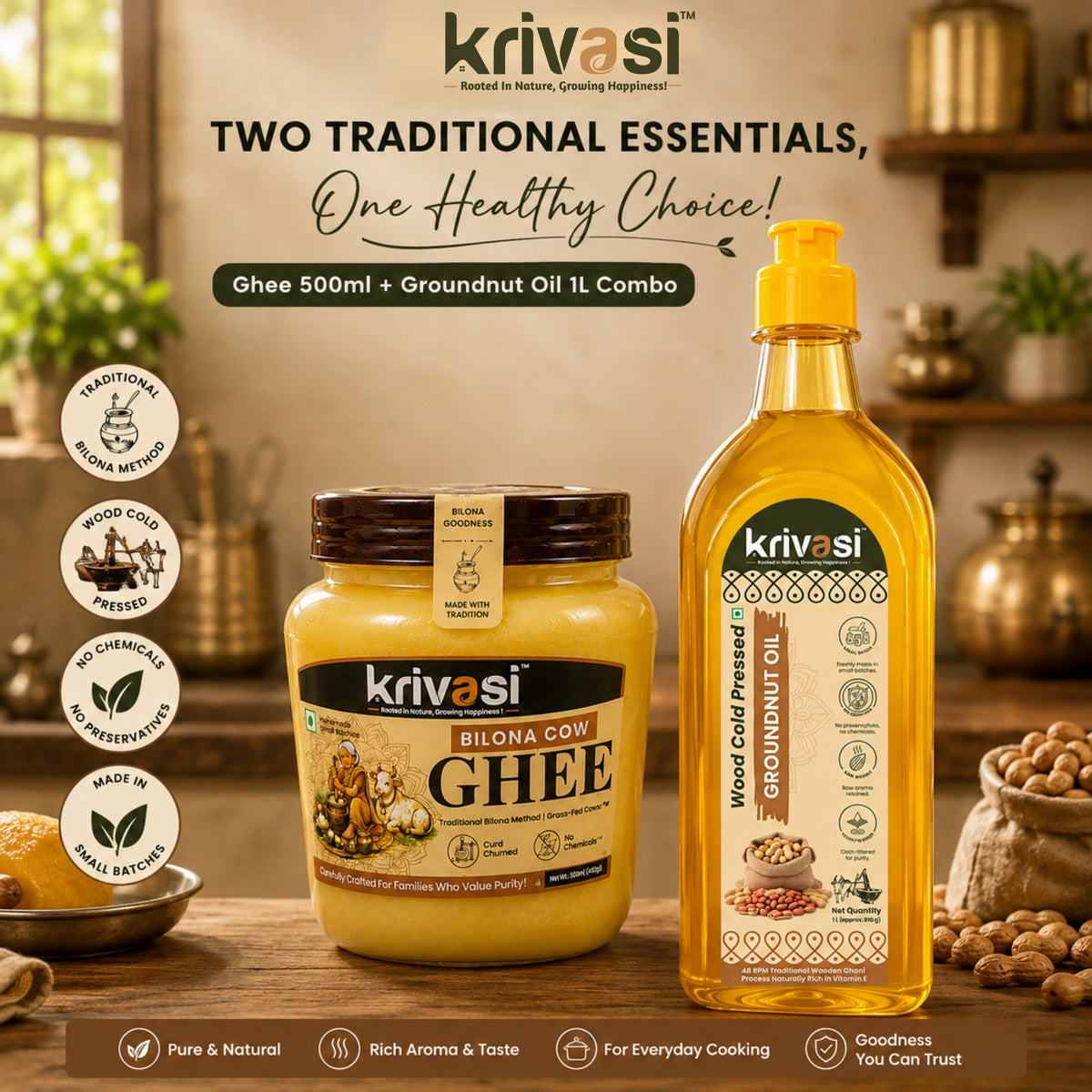 Krivasi Bilona Cow Ghee 500 ml + Wood Cold Pressed Groundnut Oil 1 L | Combo Pack