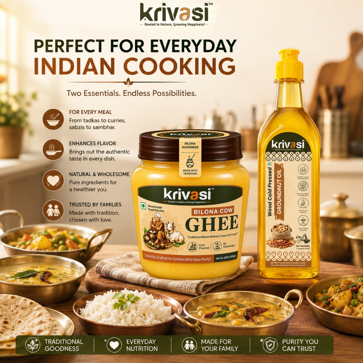 Krivasi Bilona Cow Ghee 500 ml + Wood Cold Pressed Groundnut Oil 1 L | Combo Pack