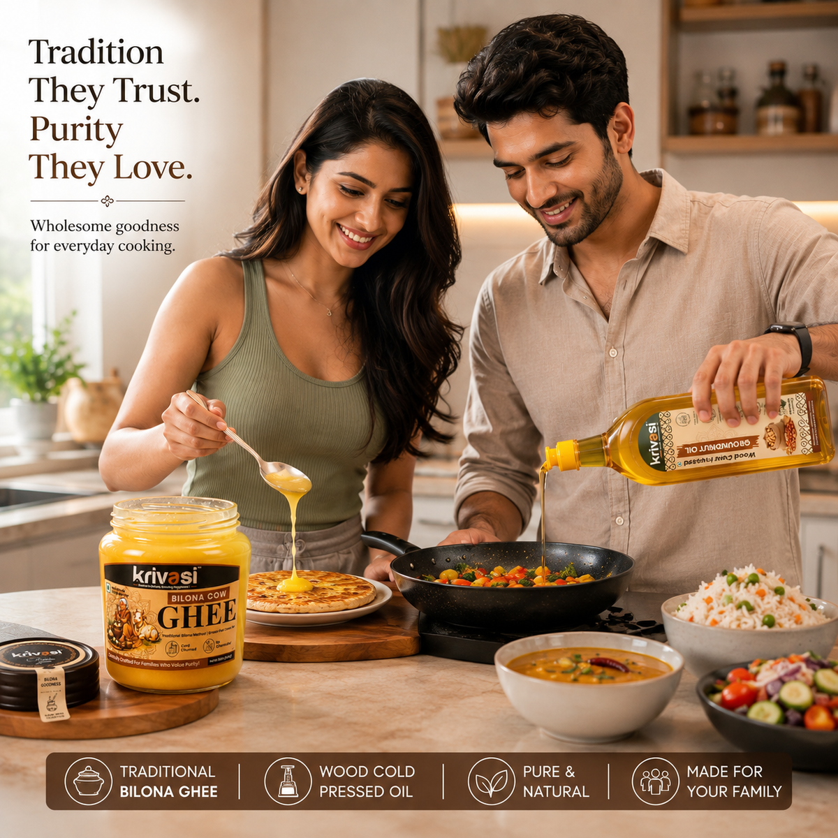 Krivasi Bilona Cow Ghee 500 ml + Wood Cold Pressed Groundnut Oil 1 L | Combo Pack