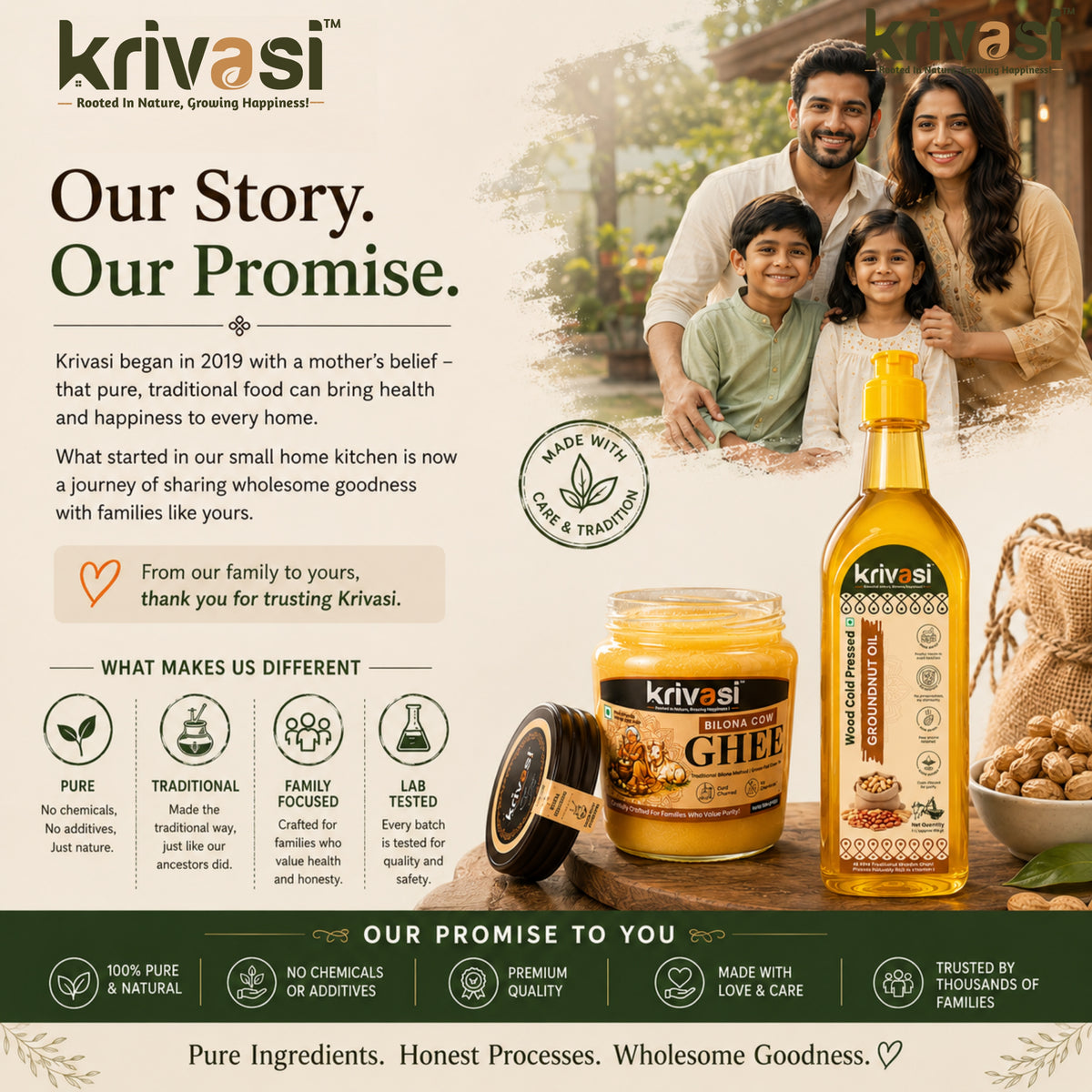 Krivasi Bilona Cow Ghee 500 ml + Wood Cold Pressed Groundnut Oil 1 L | Combo Pack