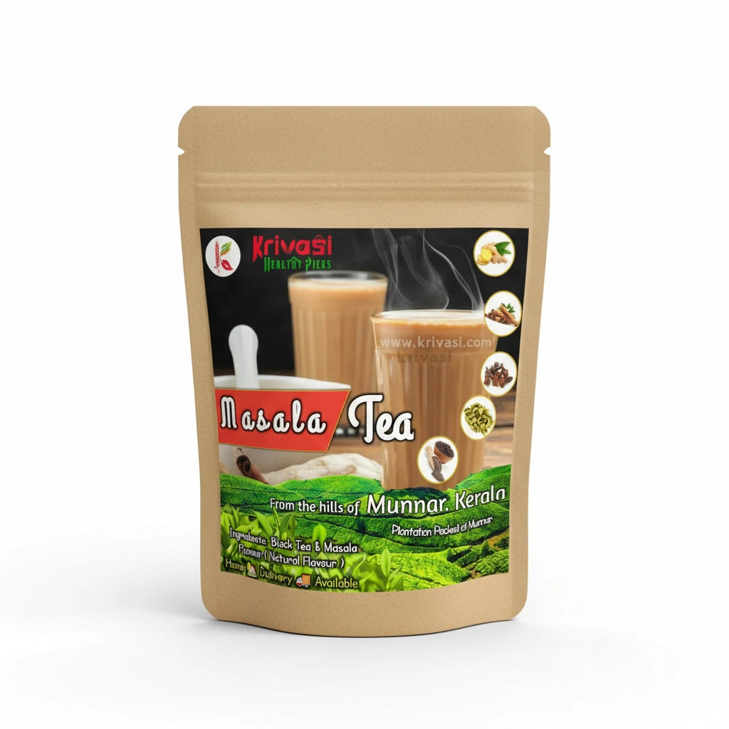 Kraft paper packaging of Krivasi Masala Tea with branding and product details on a white background