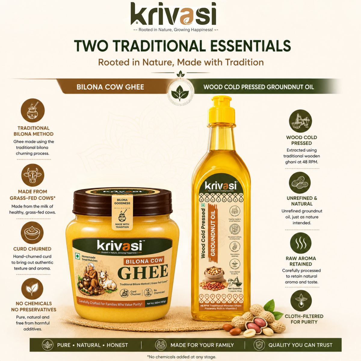 Krivasi Bilona Cow Ghee 500 ml + Wood Cold Pressed Groundnut Oil 1 L | Combo Pack
