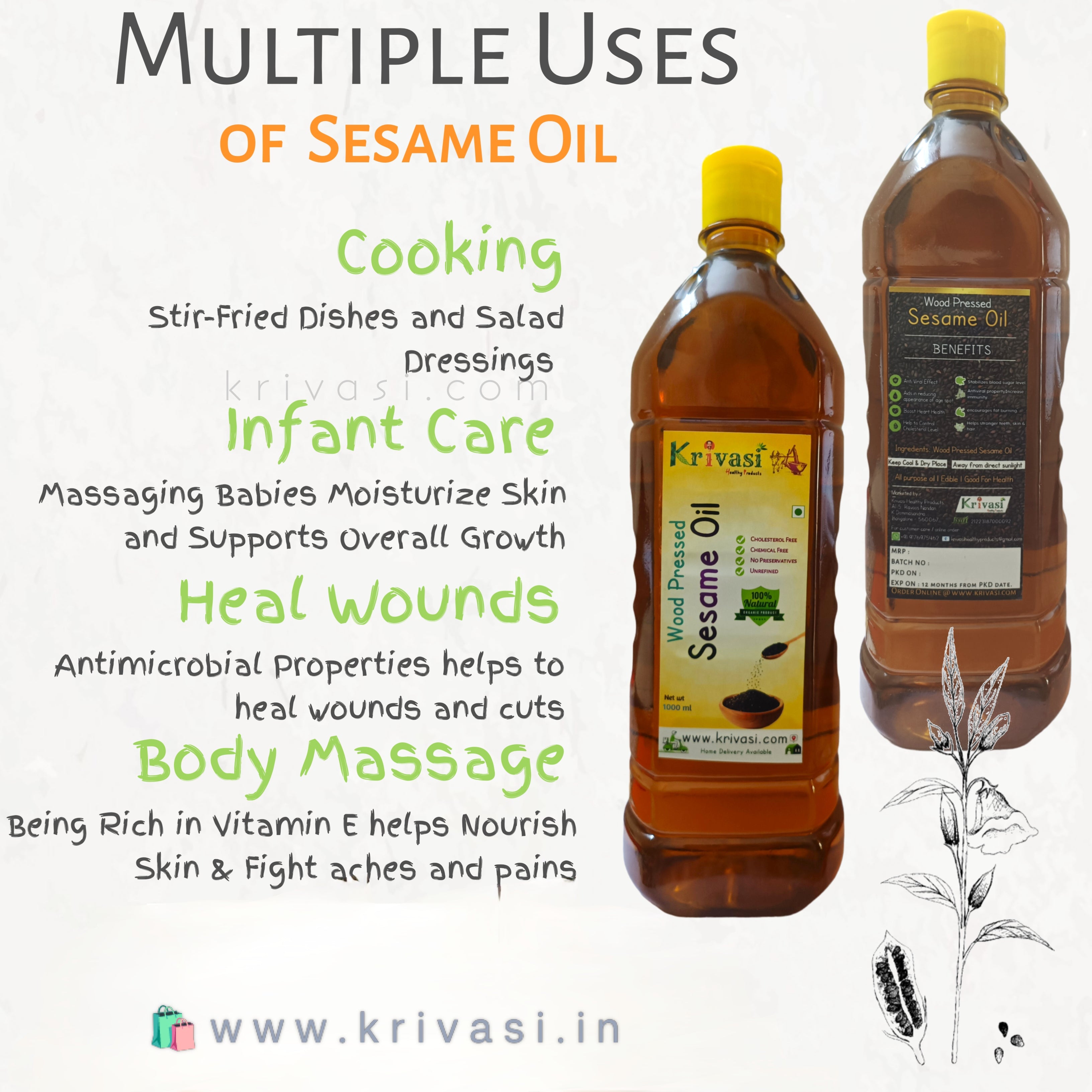 Wood Pressed Pure Sesame (Gingelly) Oil 1000 ml – Lab Tested & 100% Natural Extracted on Wooden Churner