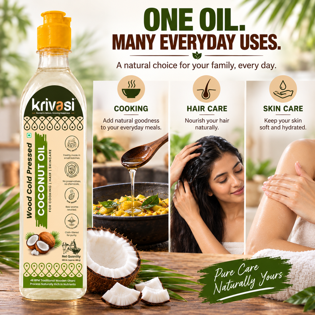 Wood Cold Pressed Coconut Oil for Cooking, Skin & Hair care - 1000 ml