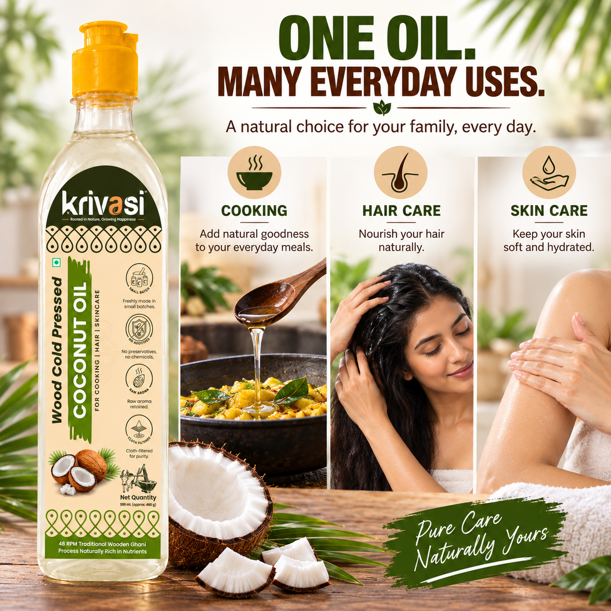 Wood Cold Pressed Coconut Oil for Cooking, Skin & Hair care - 500 ml