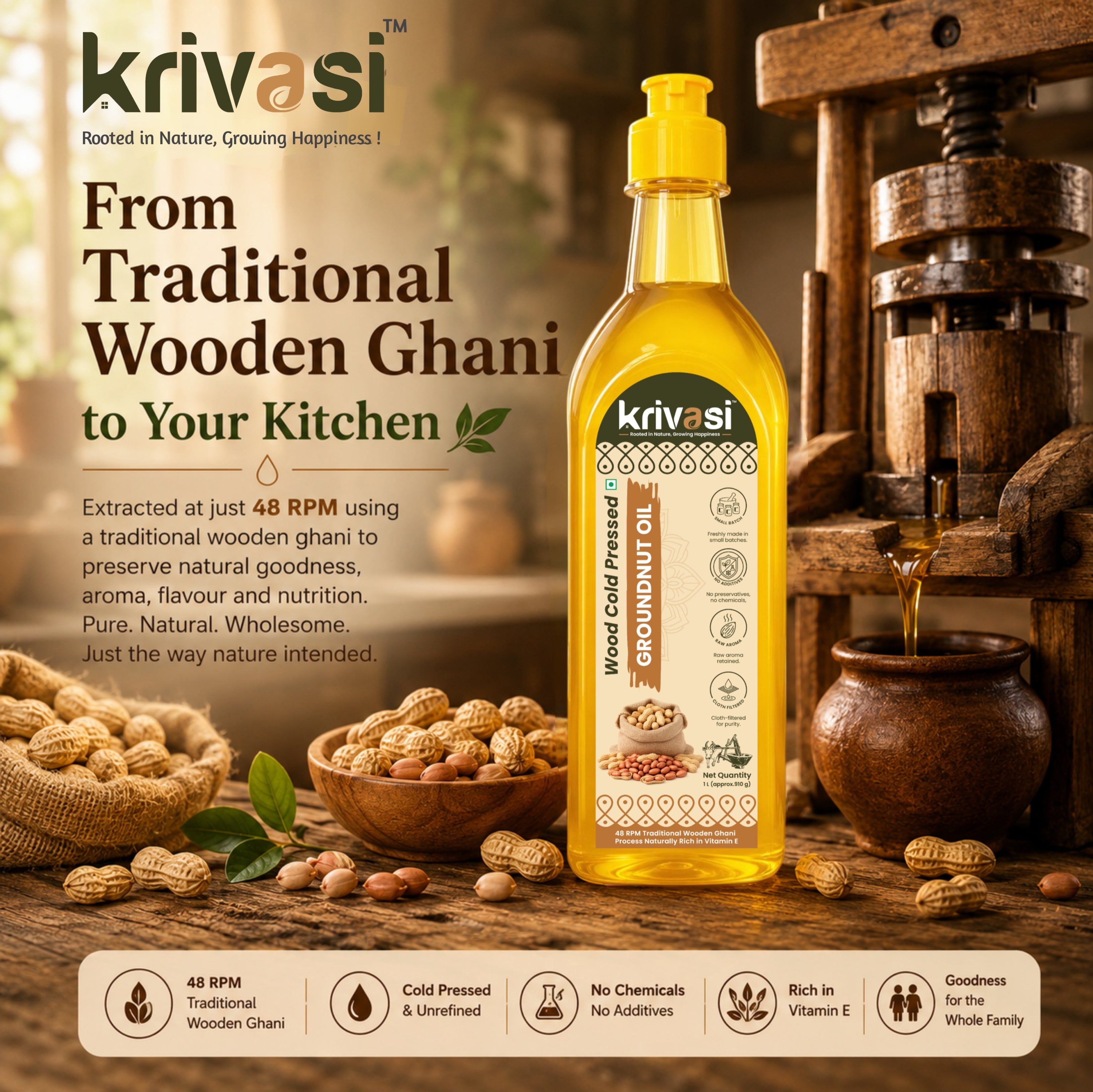 Wood Cold Pressed Groundnut Oil (1 Litre) | 100% Natural | Lab Tested | Non-GMO | Gluten-Free