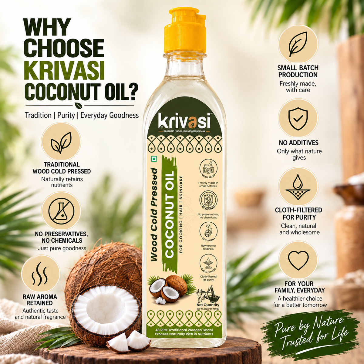 Wood Cold Pressed Coconut Oil for Cooking, Skin & Hair care - 500 ml