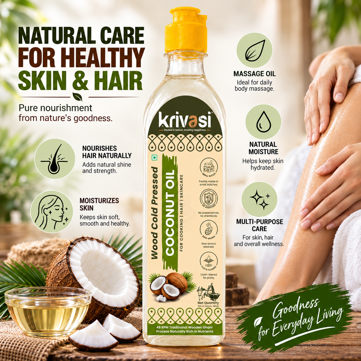 Wood Cold Pressed Coconut Oil for Cooking, Skin & Hair care - 1000 ml