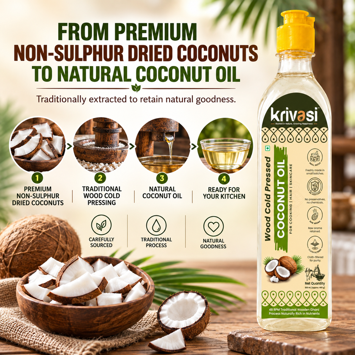 Wood Cold Pressed Coconut Oil for Cooking, Skin & Hair care - 500 ml