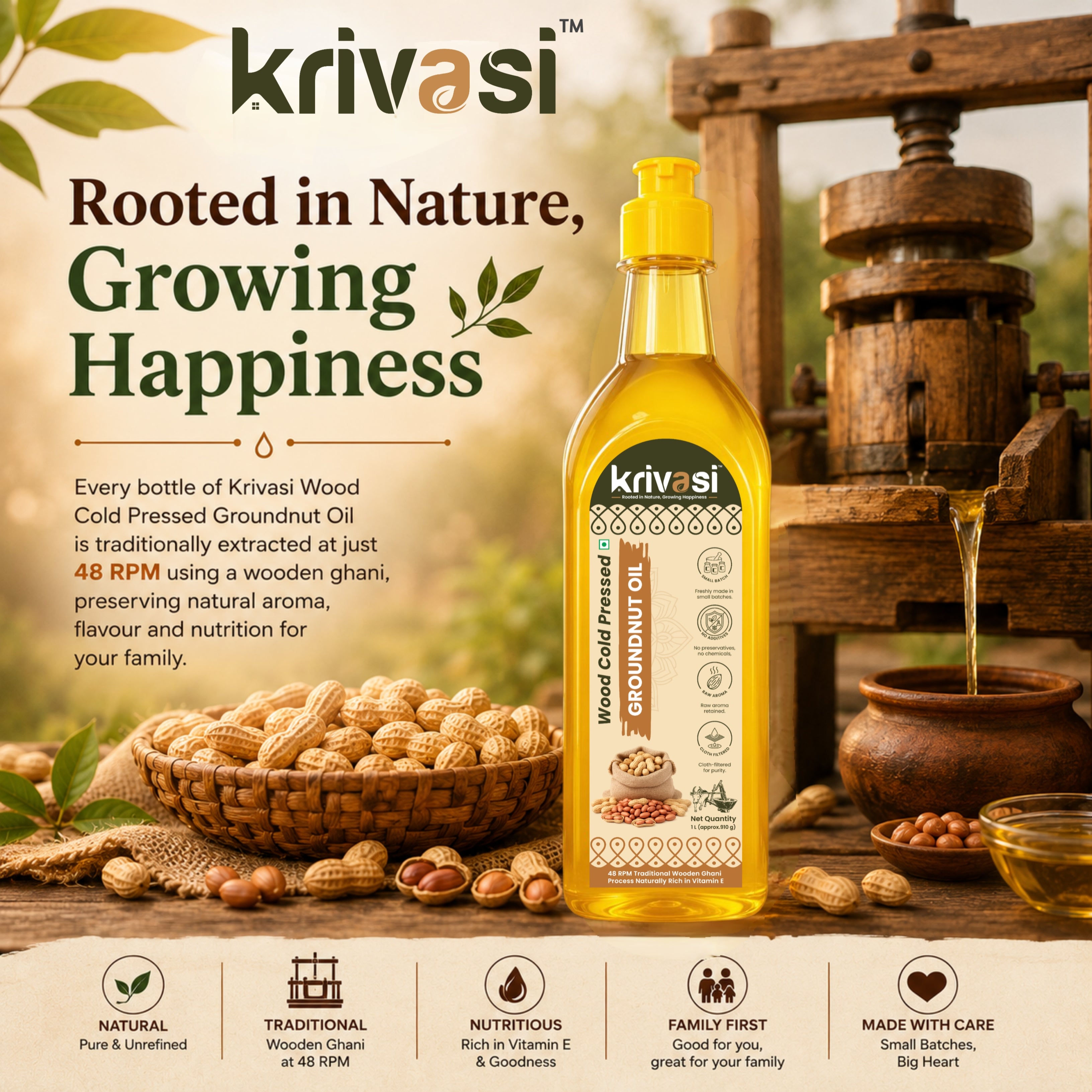 Wood Cold Pressed Groundnut Oil (1 Litre) | 100% Natural | Lab Tested | Non-GMO | Gluten-Free