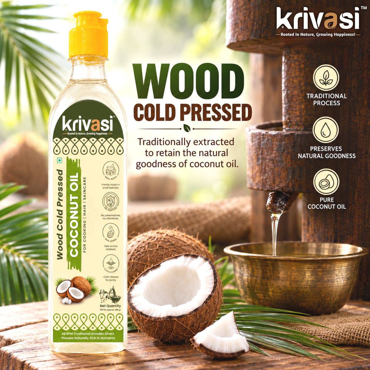 Wood Cold Pressed Coconut Oil for Cooking, Skin & Hair care - 500 ml