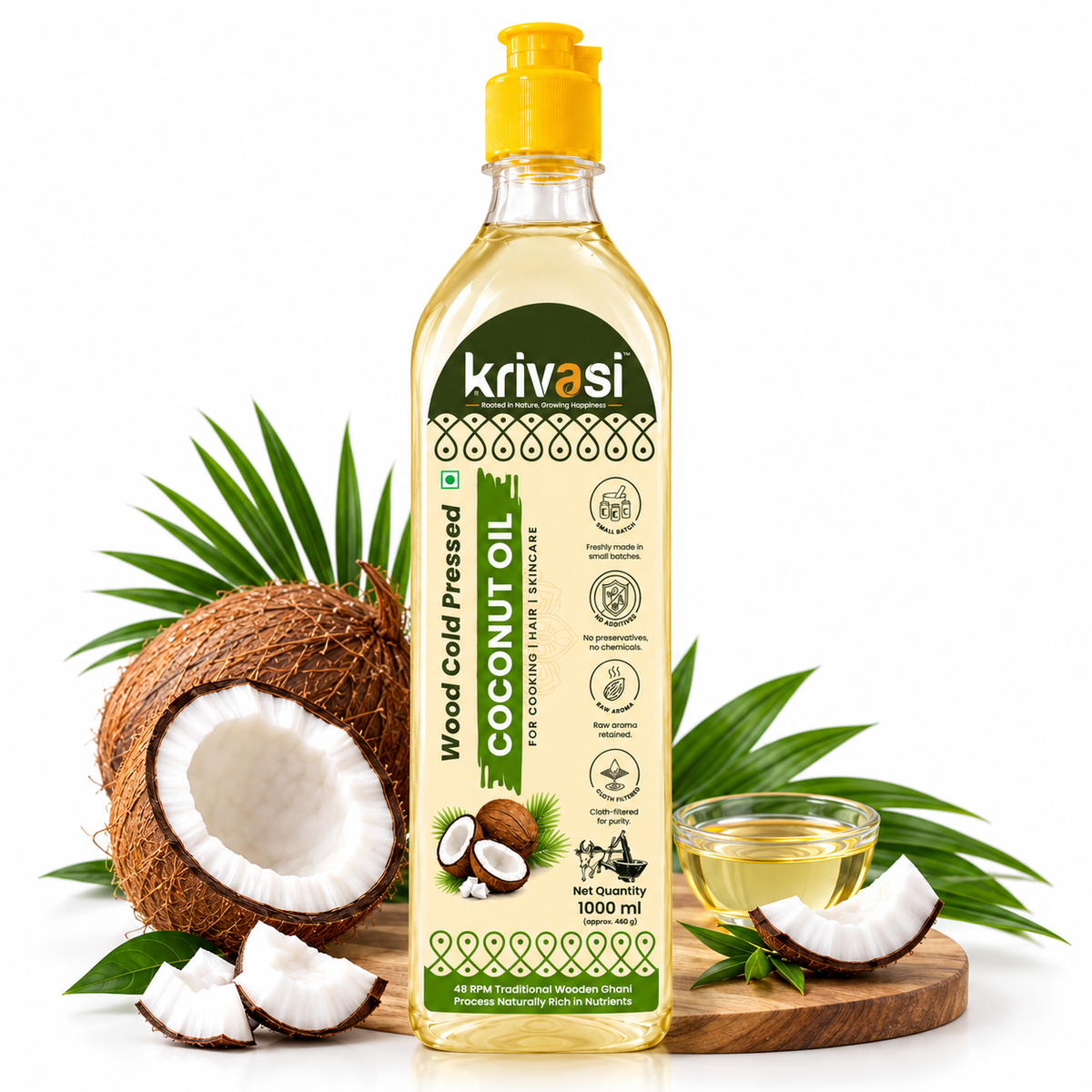 Wood Cold Pressed Coconut Oil for Cooking, Skin & Hair care - 1000 ml