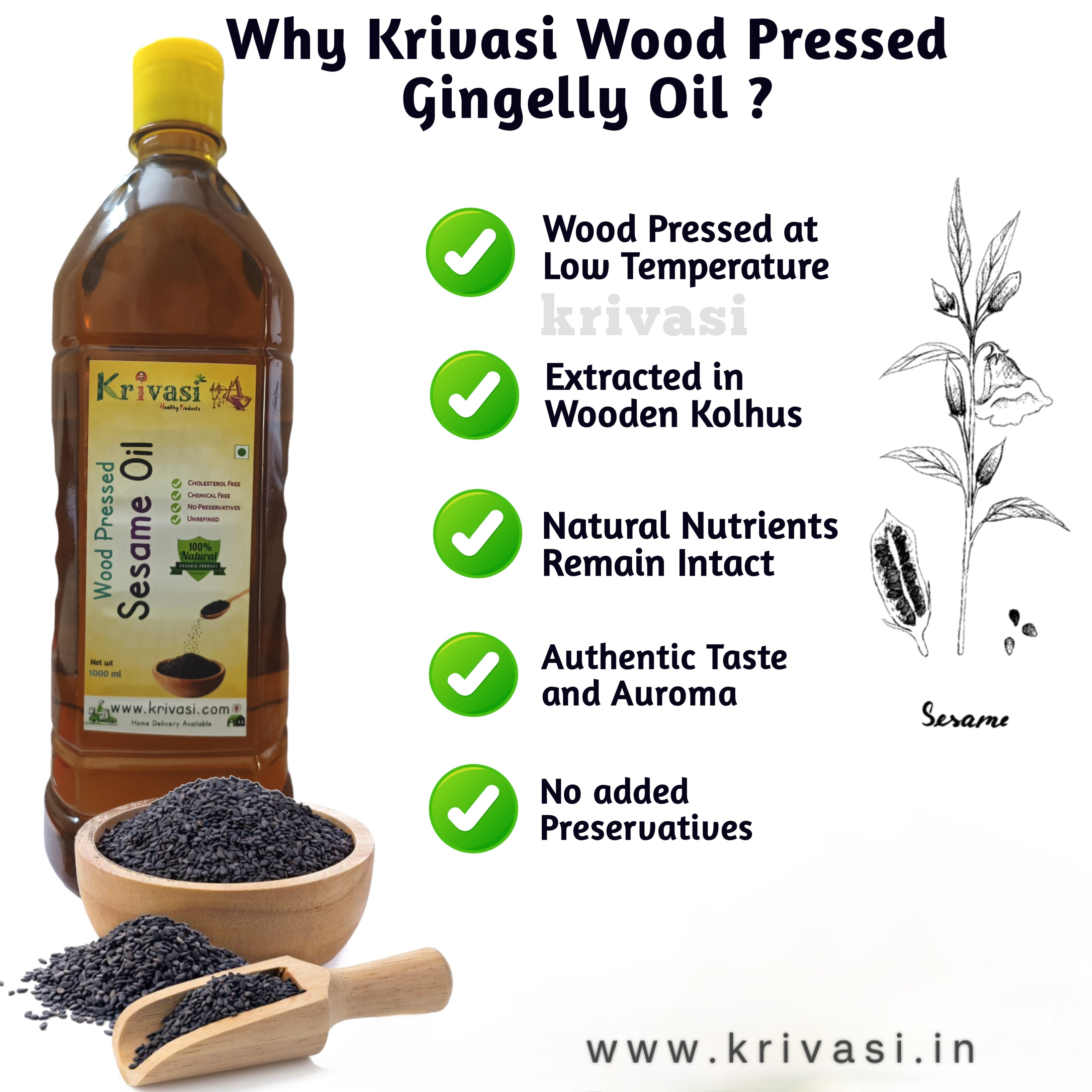 Wood Pressed Pure Sesame (Gingelly) Oil 500 ml – Lab Tested & 100% Natural Extracted on Wooden Churner
