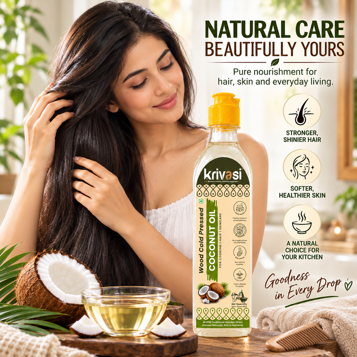 Wood Cold Pressed Coconut Oil for Cooking, Skin & Hair care - 500 ml